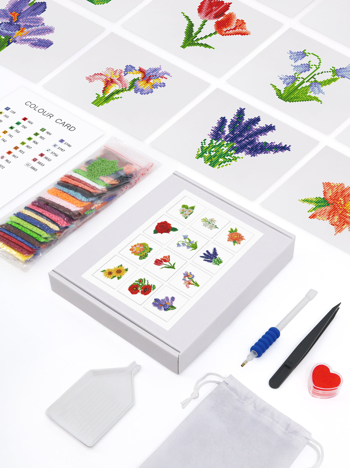 Set of 12 Flowers A - Mini Diamond Painting Kit