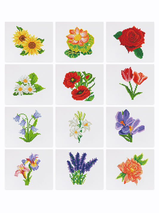 Set of 12 Flowers A - Mini Diamond Painting Kit