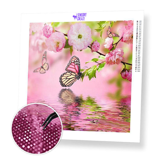 Pink Butterfly and Flowers - Diamond Painting Kit